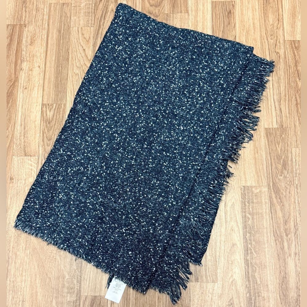West Elm Navy Blue White Speckled Tweed Fringe Throw Blanket 50x60